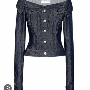 Matthew Adam’s Dolan indigo denim off-the-shoulder jacket